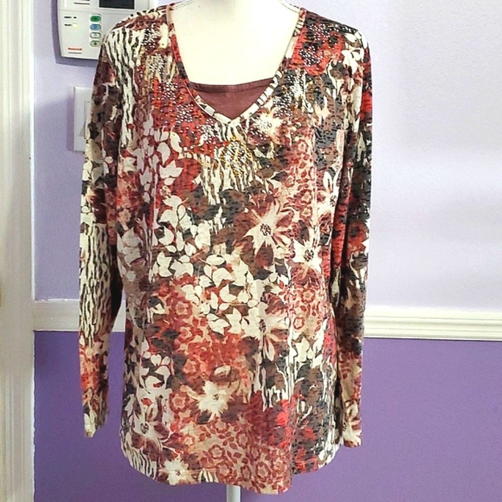 Erika Boho Cream Mauve Floral Long Sleeve Soft Stretchy Top XL